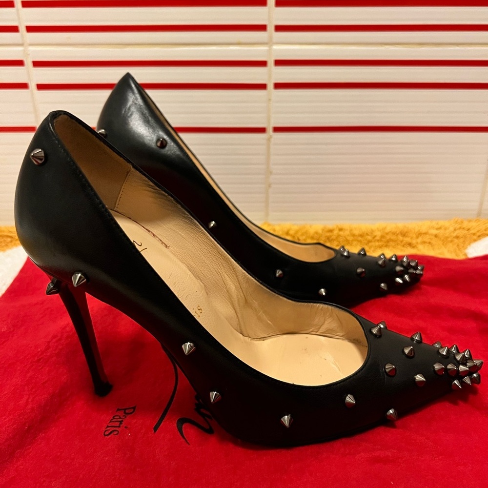 Women 36.5 Christian Louboutin  Black Leather Heels Pumps SPIKE STUDS